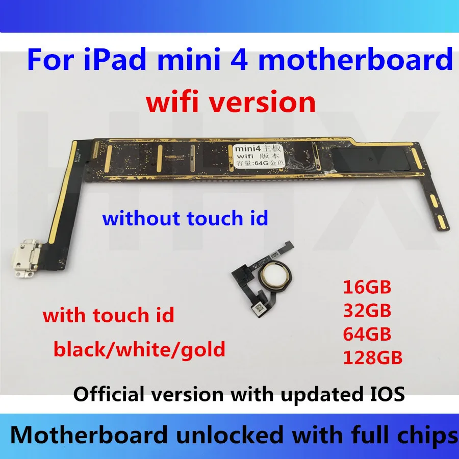 Разблокирована для iPad mini 4 материнская плата с/без touch id wifi версия логическая плата IOS черный/белый/золотой MB 16 gb/32 gb/64 gb/128 gb