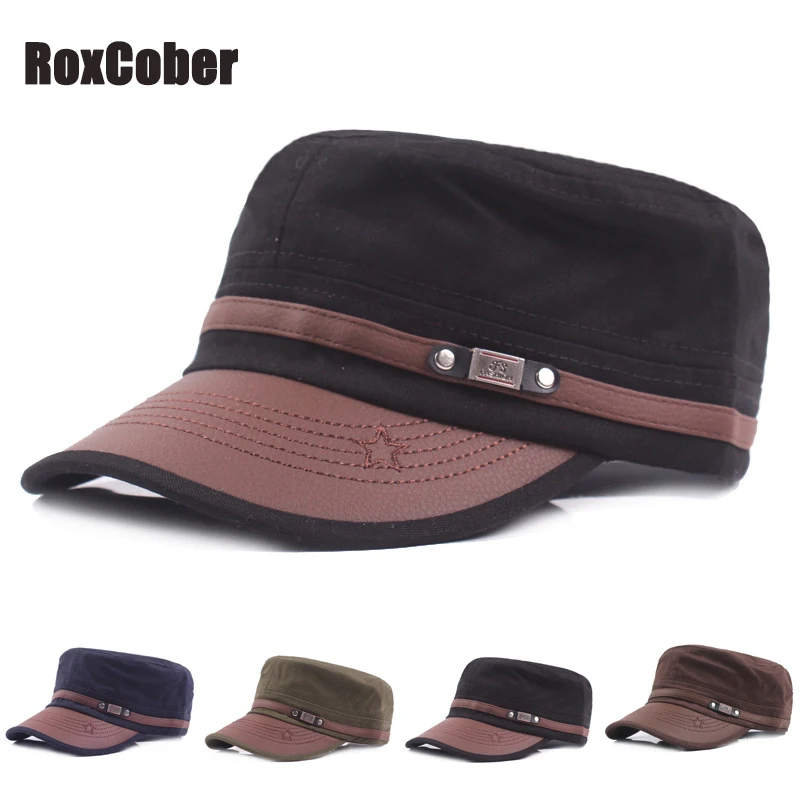 RoxCober новые мужские кожаные хлопковые военные шапки плоские бейсболки