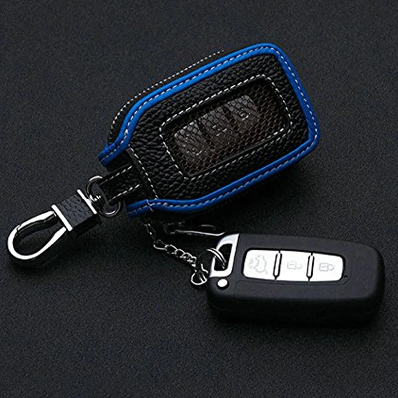 Black+Blue Leather Car Key Holder Keychain Fob Case Cover Wallet Bag Zipper | Автомобили и мотоциклы