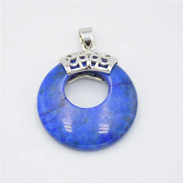 Lapis Lazuli Натуральный фиолетовый кристалл розовый Quartzs оникс Зеленый Хаулит Камень пончик монета круглый рейки исцеляющий кулон для ожерелья ювелирные изделия - Окраска металла: Lapis Lazuli