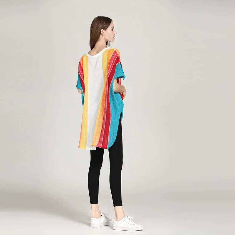 

Women Sexy V-neck Rainbow Striped Loose Sweaters 2018 Fashion Designer Autumn and Winter knitted Pullovers Tops Batwing Sleeve