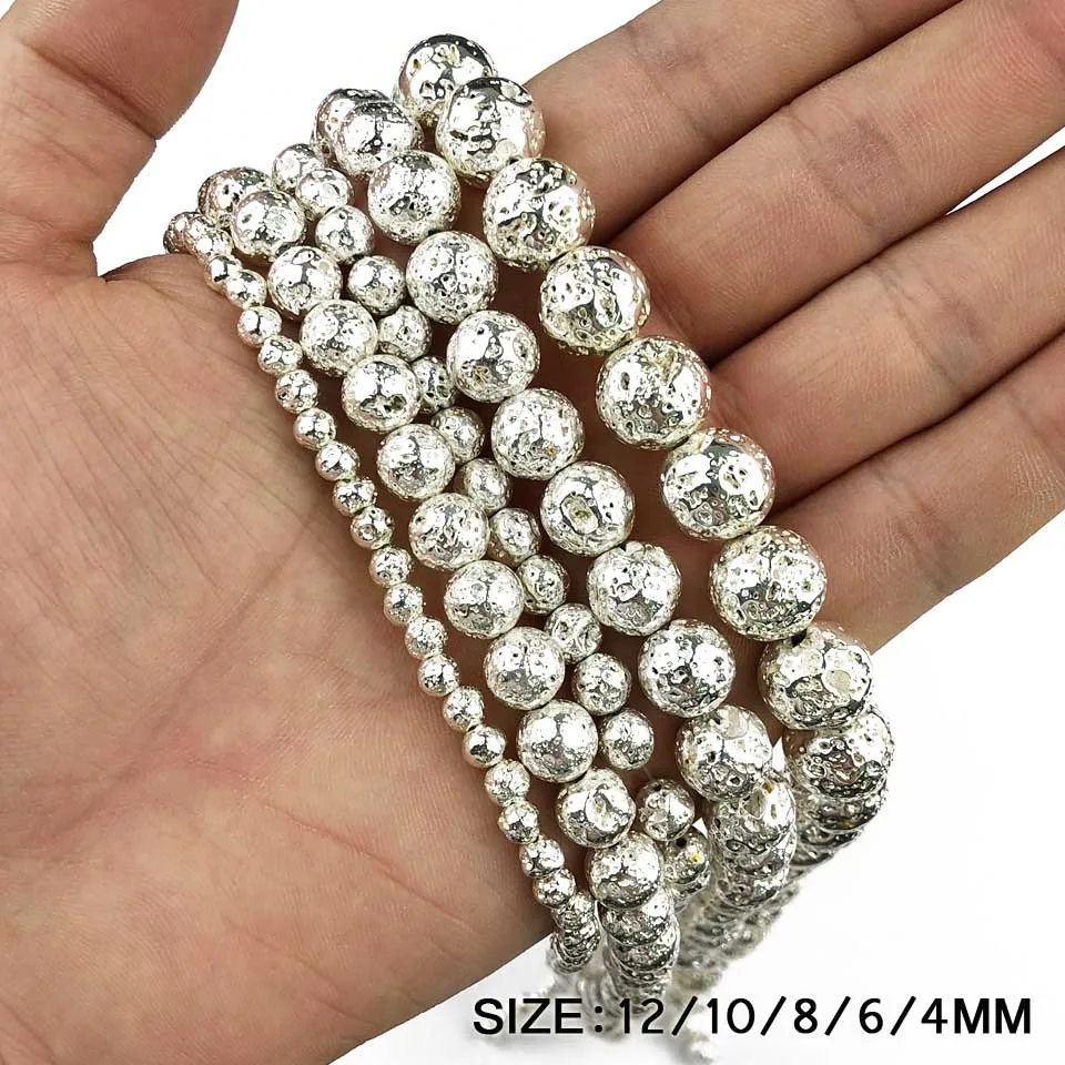 Platinum Plated JHNBY серебряный, черный, серьги из розового золота с натуральным вулканического камня Hematit 4/6/8/10/12 мм круглые бусины для изготовления ювелирных изделий браслет и ожерелье ювелирных изделий DIY - Цвет: Platinum Plated