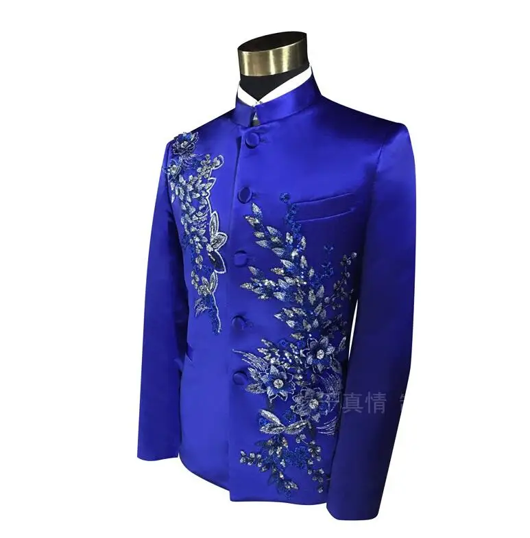 Blazer men Chinese tunic suit set with pants mens wedding suits costume singer stage Blue embroidery clothing slim formal dress | Мужская