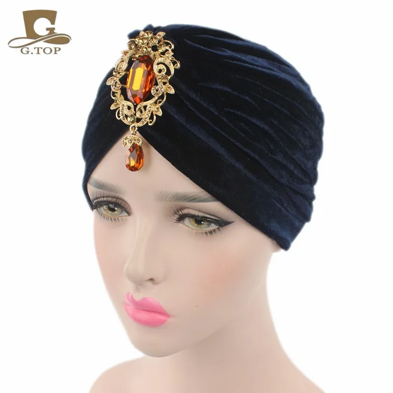 Новые великолепные мягкие бархатные тюрбан велюровые волосы крышка головной убор шапка под хиджаб с золотым ювелирным кулоном