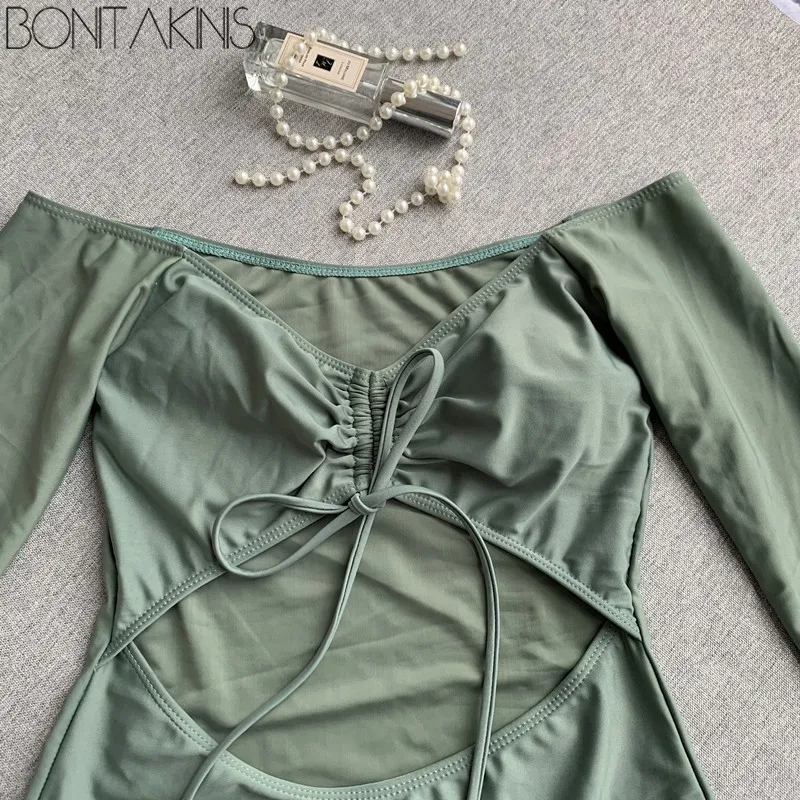 Bonitakinis 2019 с длинным рукавом чистый цвет цельный купальник сексуальный женский