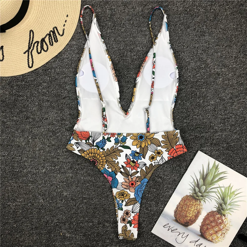 Женский купальник с принтом сексуальный v образным вырезом и открытой спиной