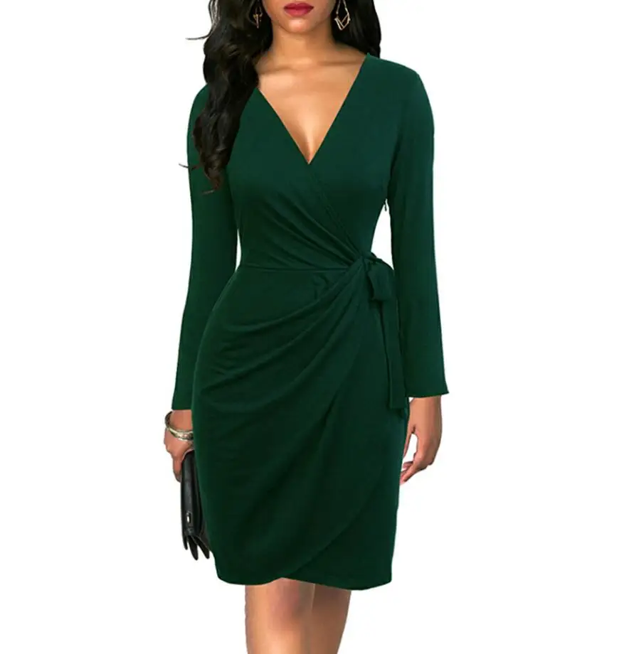 6090 Dark Green Berydress, винтажное женское платье с рюшами, с длинным рукавом, сексуальное, черное, Vestidos, элегантное, облегающее, Осеннее, миди, бордовое, с запахом, платья - Цвет: 6090 Dark Green