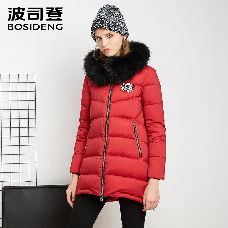 Женский пуховик средней длины BOSIDENG розовая парка на утином пуху с большим
