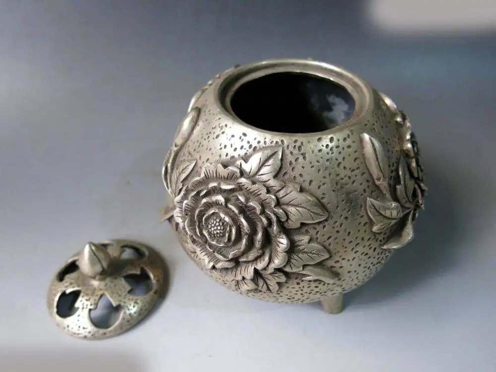 DS Китай серебро резные изысканные три Пион цветок курильница кадило Статуя | Дом