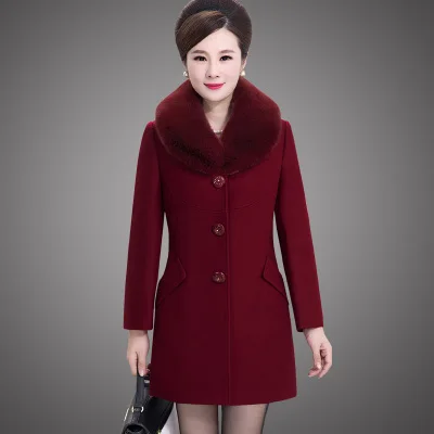Red wine Uhytgf L-5XL Большие размеры шерстяная куртка Для женщин модное пальто с меховым воротником, Утепленная зимняя шерстяное пальто однобортный свободные женские Outerwear122 - Цвет: Red wine