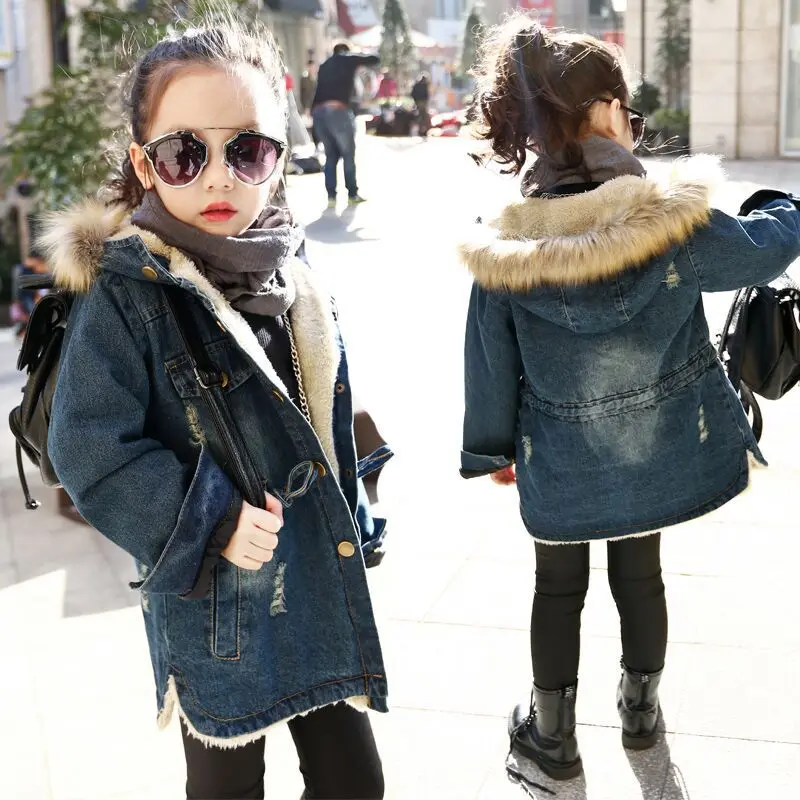 Джинсовая куртка для девочек длинная с флисовой подкладкой теплая меховым