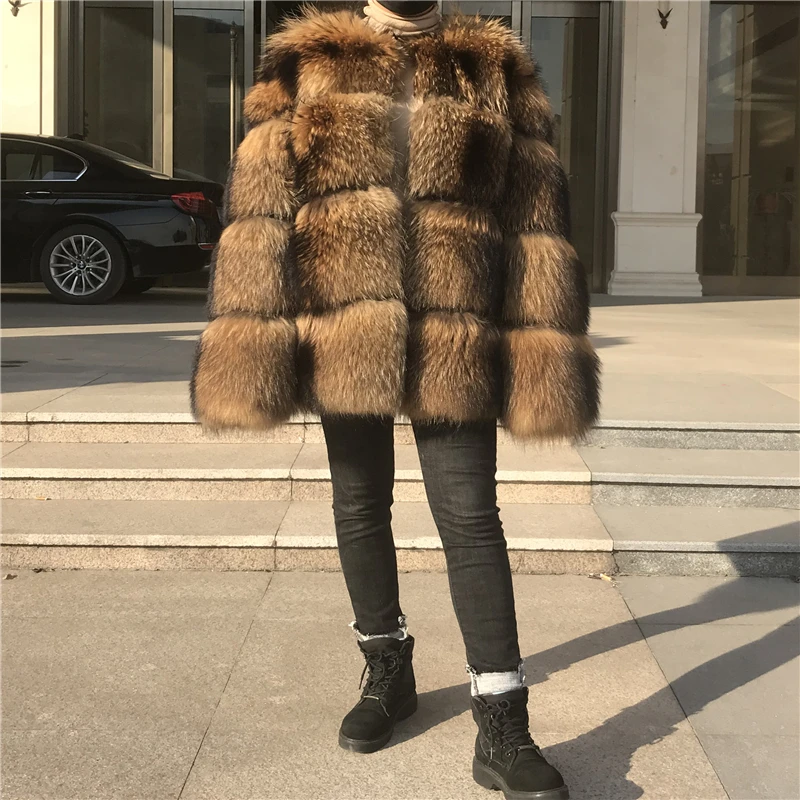 Пальто из натурального меха енота женская зимняя теплая куртка 2019 модная шуба