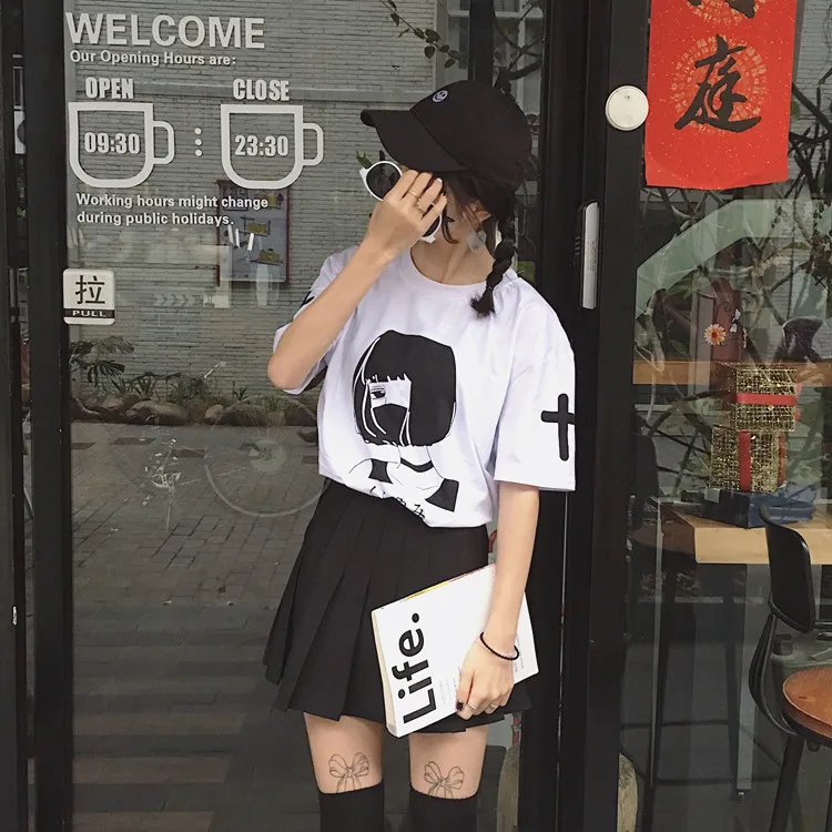 Корейский ulzzang Harajuku ретро принт короткий рукав Футболка Свободный японский короткий рукав милый женский хлопок мультфильм футболка