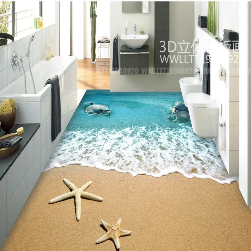

Free Shipping Summer Beach Dolphin 3D Floor Painting waterproof thickened bathroom bedroom kitchen flooring wallpaper mural
