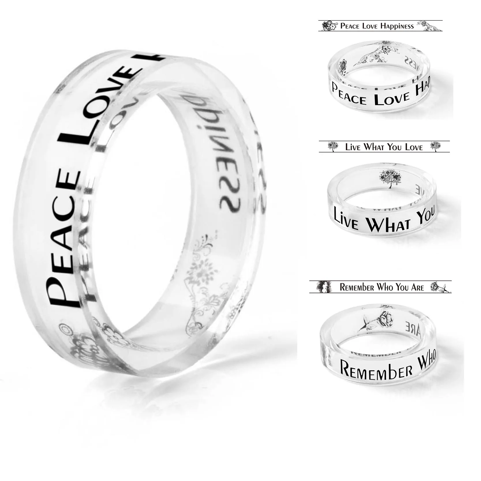 Кольцо из прозрачной смолы ручной работы с надписью Inside PEACE LOVE Happy REMEMBER WHO YOU ARE LIVE