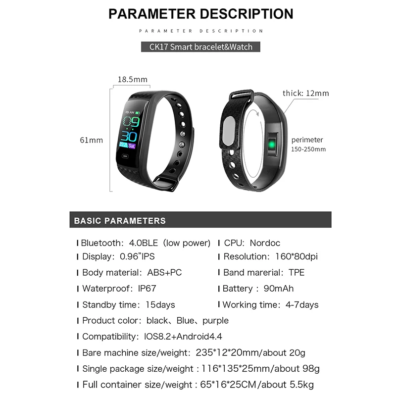 

CK17S Smart Fitness Bracelet Waterproof Smart Band Blood Pressure Heart Rate Monitor Electronic Health Wristband for men women