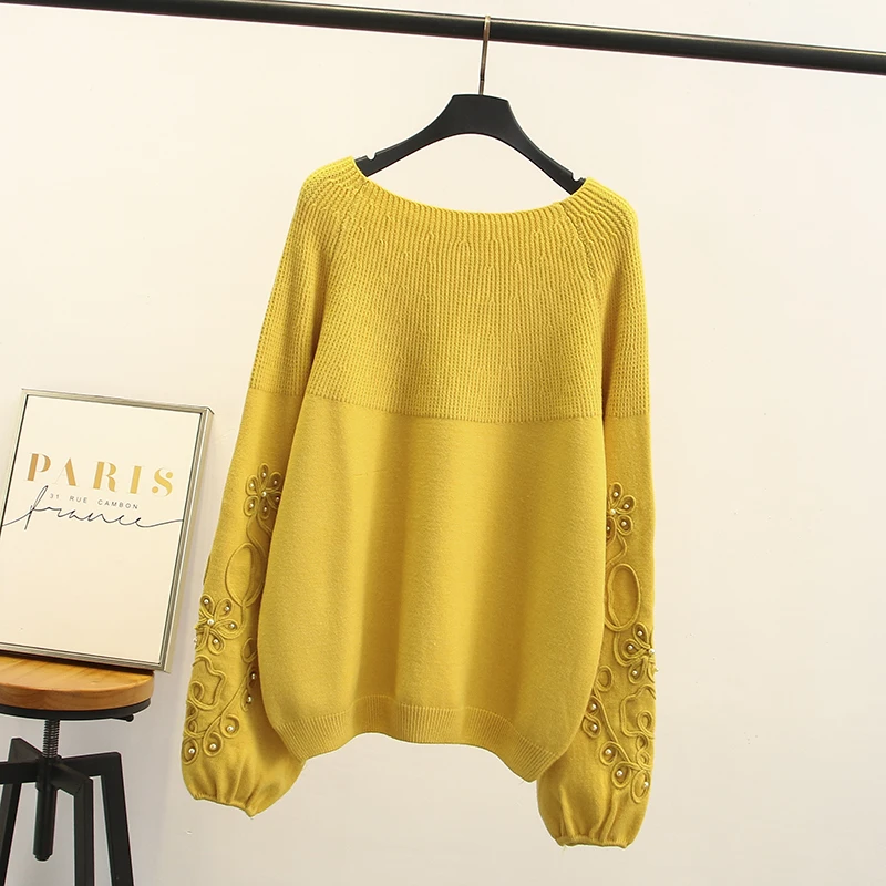 

2018 New Autumn Winter Women Fashion Sweaters Beading Embroidered Flower Cashmere Long Sleeve Plus Size Clothes Womens Sweaters