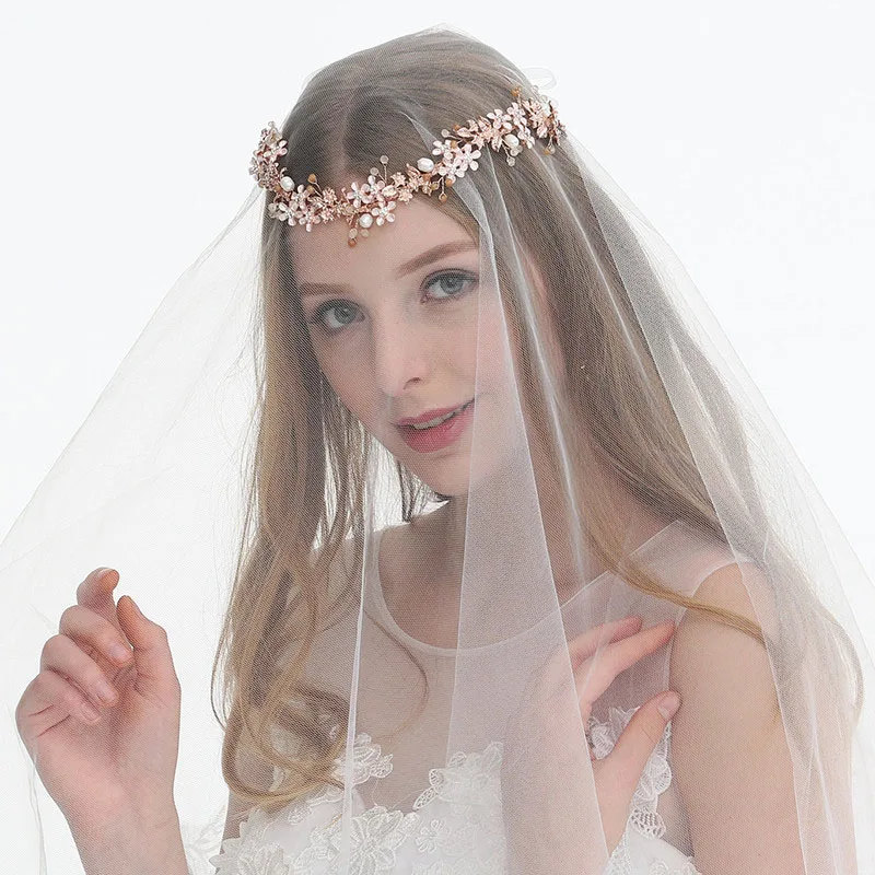 SLBRIDAL розовое золото проводной Стразы Кристалл пресноводный жемчуг свадебное украшение на голову свадебные волосы лоза аксессуары для волос для женщин ювелирн