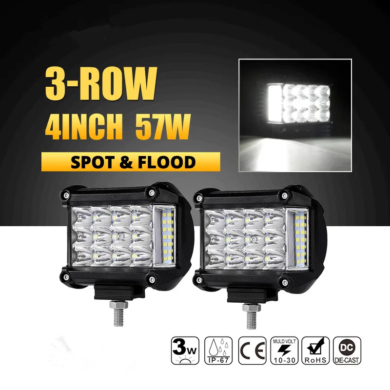 2 шт. 4 дюйма 57 W светодиодный свет работы бар 3 ряда Combo Work Light стручки внедорожные