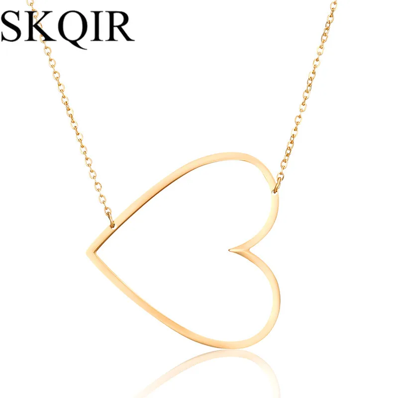 

SKQIR Big Simple Hollow Heart Pendant Gold Silver Stainless Steel Chain Minimalist Necklace For Women Fashion Jewelry Gift Colar