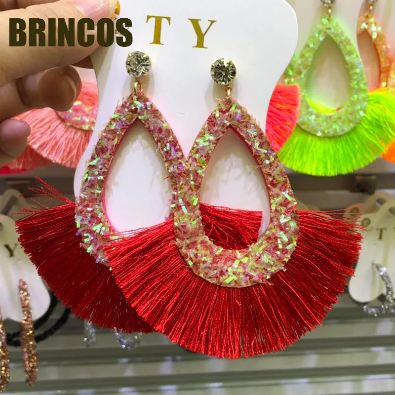 Earrings for women Neon green Tassel boho gold korean indian jewelry statement drop handmade oversize bohemia aliexpress