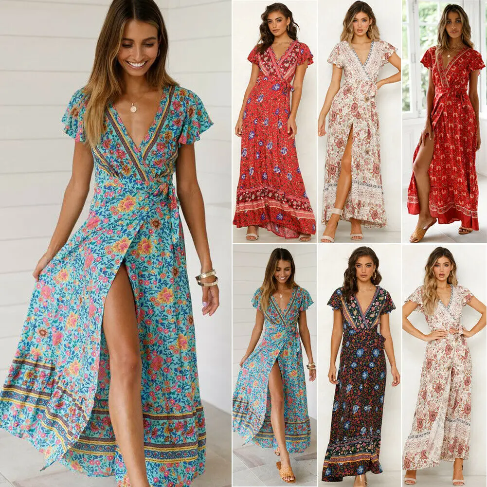 Женское летнее богемное пляжное платье с коротким рукавом и v образным вырезом