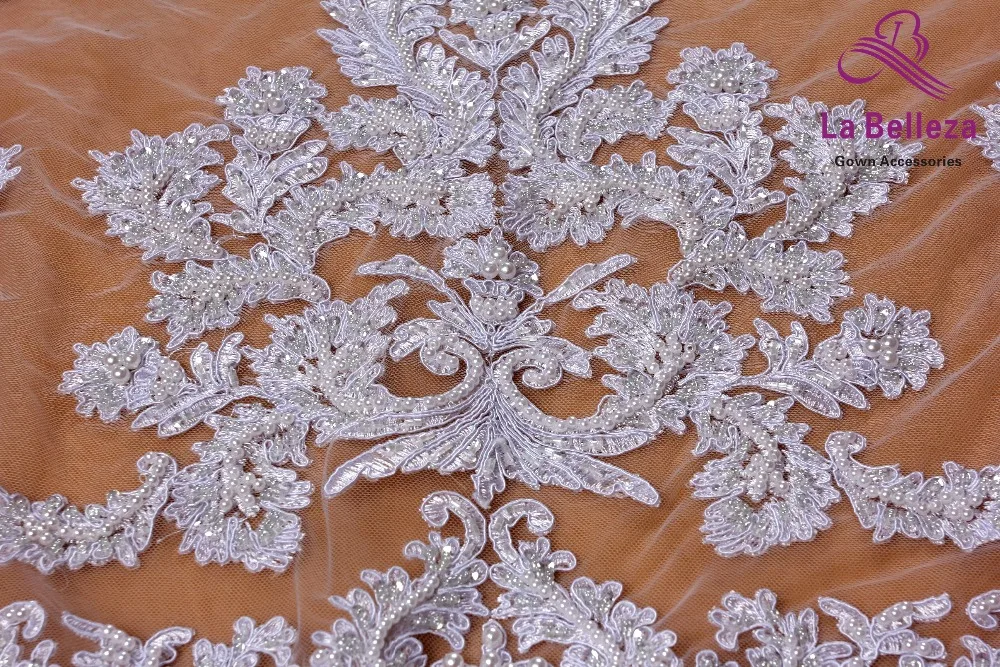 La Belleza pure white large pattern cord lace fabric heavy beaded fabric handmade beading lace gown lace fabric 1 yard