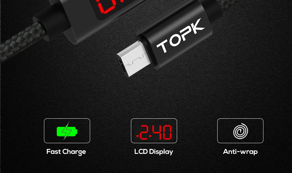 TOPK AC27 3A(Max) usb type C для samsung Xiaomi huawei Быстрая зарядка USB C с цифровым дисплеем кабель для мобильного телефона