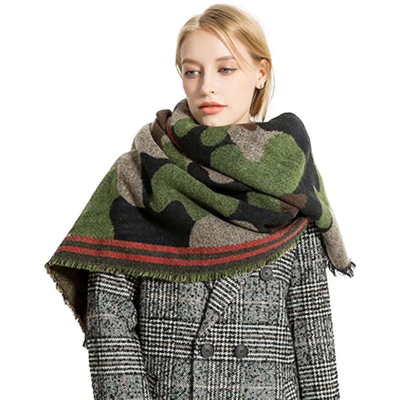 Женский шарф из кашемира FS теплый армейский зеленый Камуфляжный жаккардовый