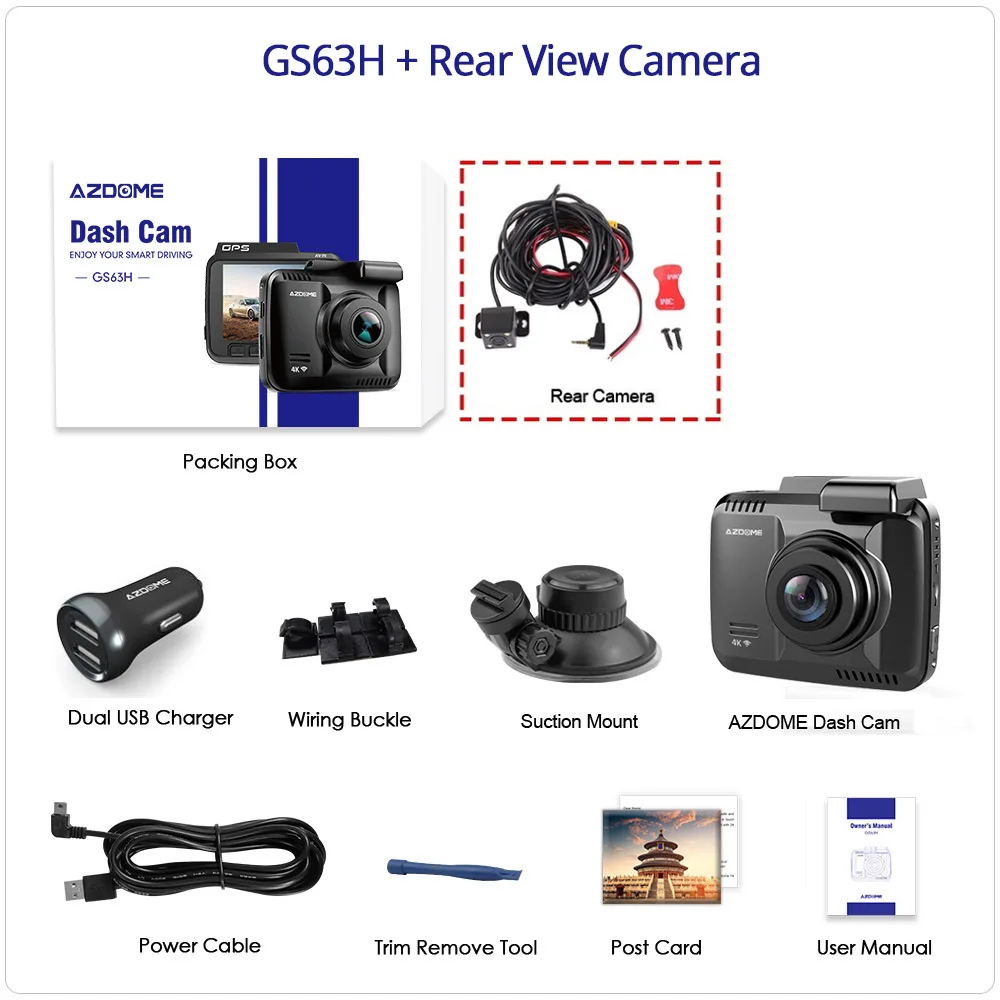 AZDOME GS63H двойной объектив Встроенный gps Wi Fi FHD 1080P спереди+ VGA сзади камера dvr автомобиля регистраторы 2160 P регистраторы Новатэк 96660 Dashcam - Название цвета: GS63H-RVC