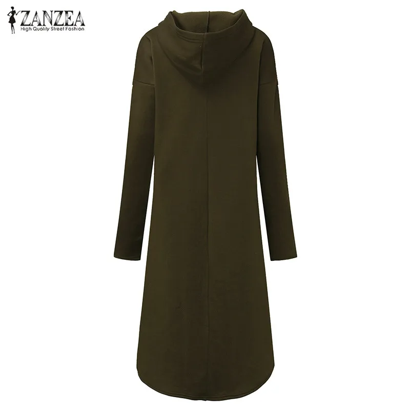 ZANZEA, Женская толстовка с капюшоном, длинный рукав, флис, сплошные карманы, неровный подол, длинный свитер, платье, худи, пуловер, Vestido размера плюс
