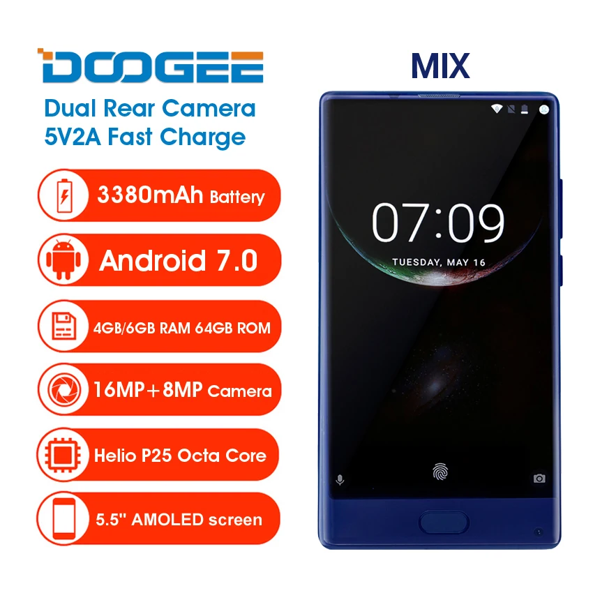 Doogee Mix 5.5 дюймов HD helio P25 смартфон Octa core 4 ГБ Оперативная память 64 Встроенная 8MP + 16mp
