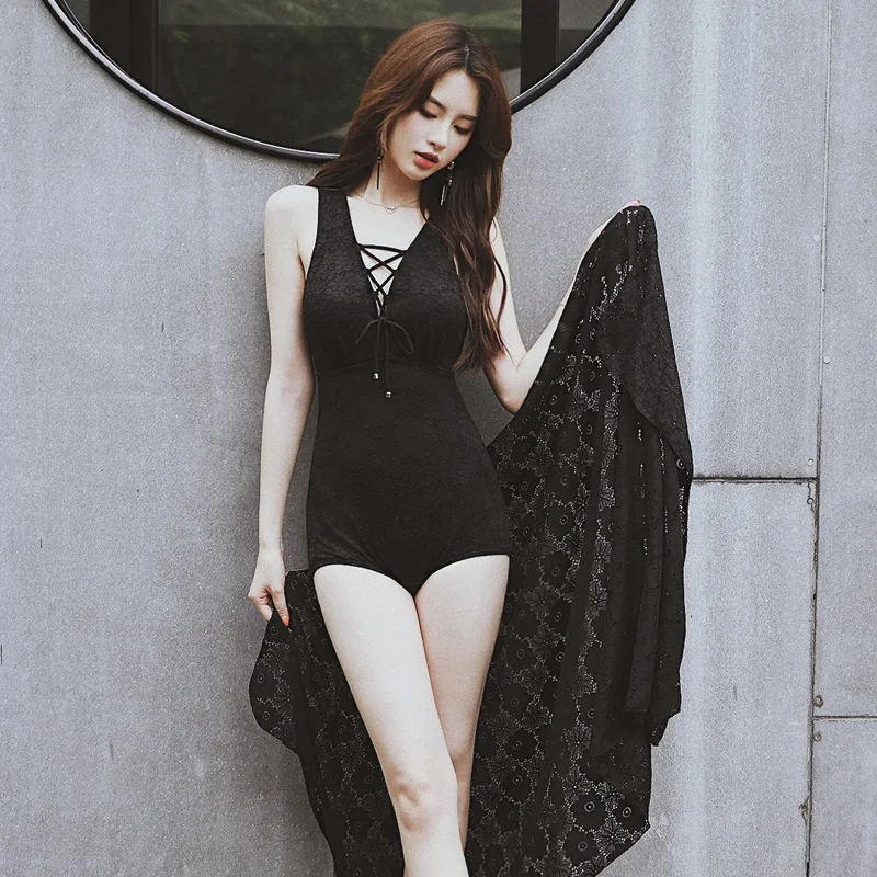 Сексуальное платье ремешок черный купальник с кружевной шалью|Комбинезоны| |