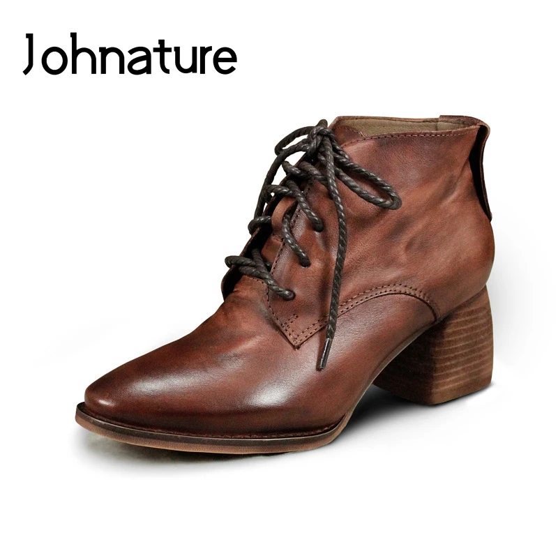 

Johnature 2021 New Retro Genuine Leather Pointed Toe Solid Lace-up Square Heel Casual Ankle Boots For Women High Heel