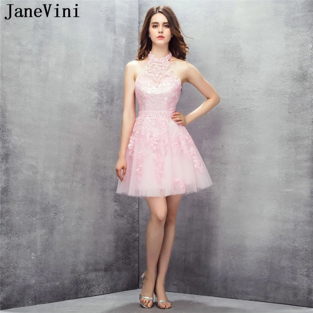 JaneVini Elegant Pink Short Bridesmaid Dresses for Women Halter Lace Applique Beaded Backless A Line Tulle Mini Homecoming Dress pink backless design plain halter short sleeves mini dress