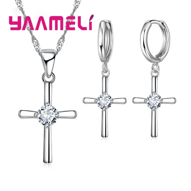 

Fine 925 Sterling Silver Jewelry Sets Cross Clear Cubic Zircon Paved Charms Necklace Hoop Earrings for Women Girls