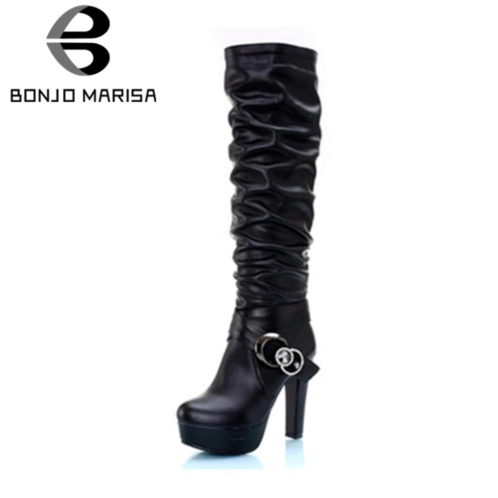 BONJOMARISA 2020 Winter Plus Size 31-45 Brand Crystal Black Women Knee High Boots Mature Pleated Platform Heels Shoes Woman | Обувь