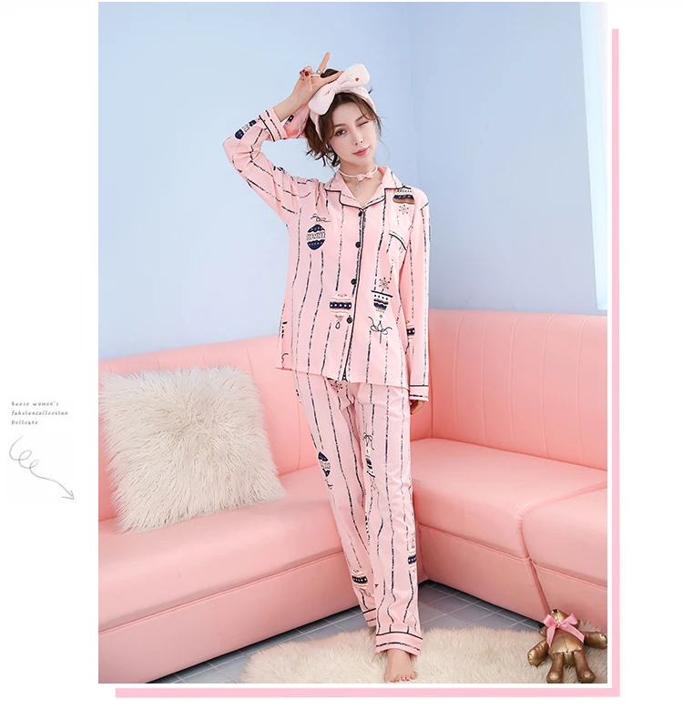 Korean women pajamas cotton long sleeved cardigan in spring and autumn sweet Home Furnishing suit | Женская одежда