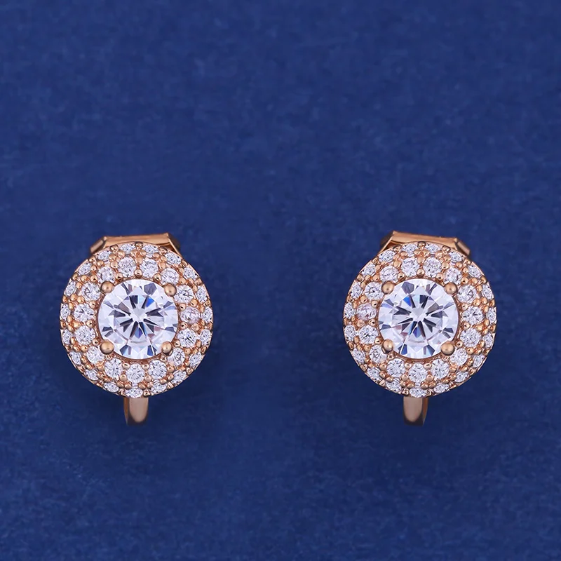 Gold Round Серьги-клипсы с цирконом, без проколов, с покрытием в виде цветка, розовое золото, серебряные Кристальные серьги для женщин, вечерние, свадебные ювелирные изделия, ers-k48 - Окраска металла: Gold Round