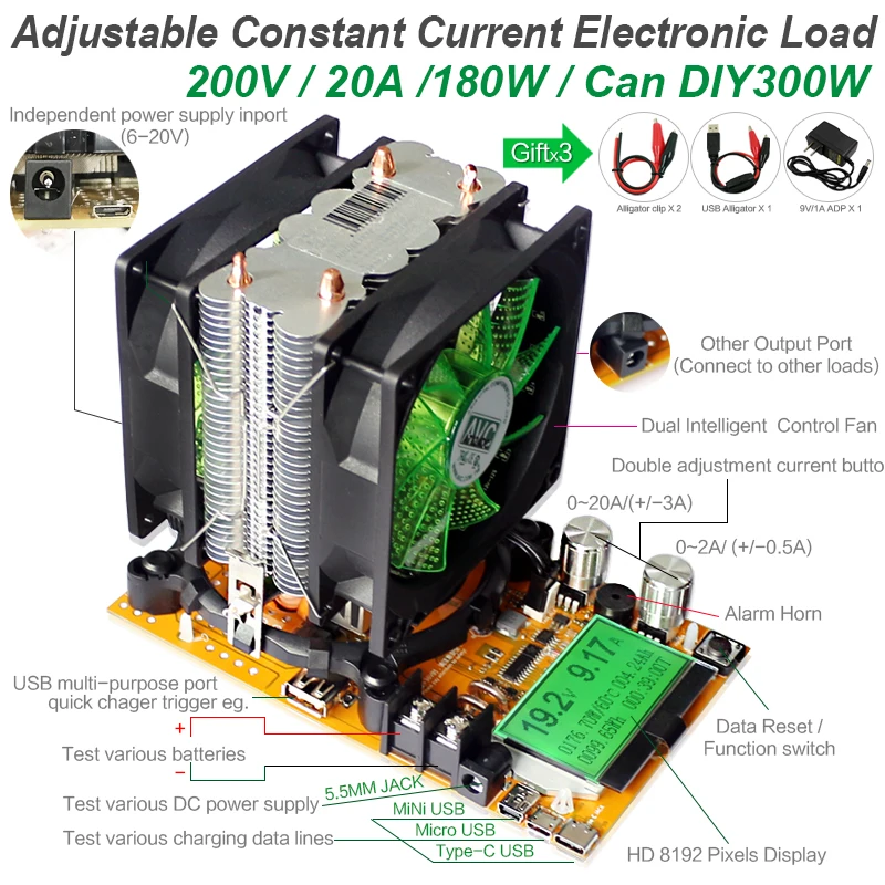 200V 20A 180W регулируемый постоянный ток электронная нагрузка Батарея разрядка Емкость тестер метр 12V24V48V свинцово-кислотный литиевый