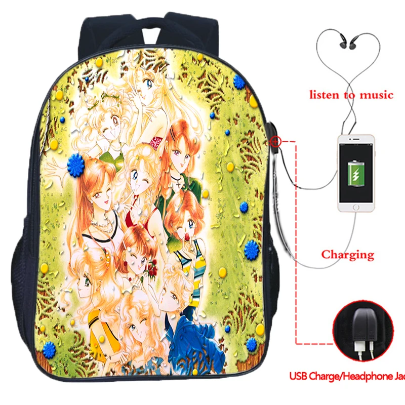 

Sailor Moon USB Charge Knapsack Students Boys Girls School Backpack Tsukino Usagi Beautiful Laptop Rucksack for Teens Women