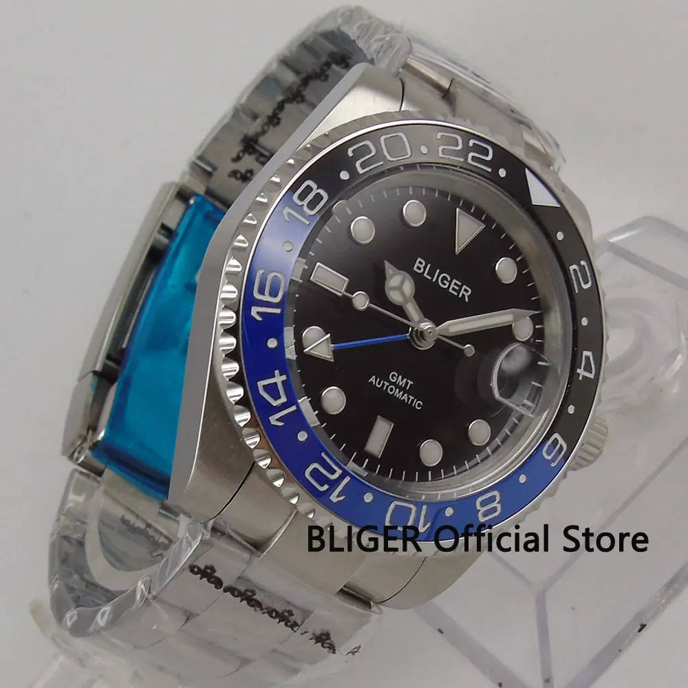 Bliger 40 мм GMT функция сапфировое стекло керамический ободок черный циферблат