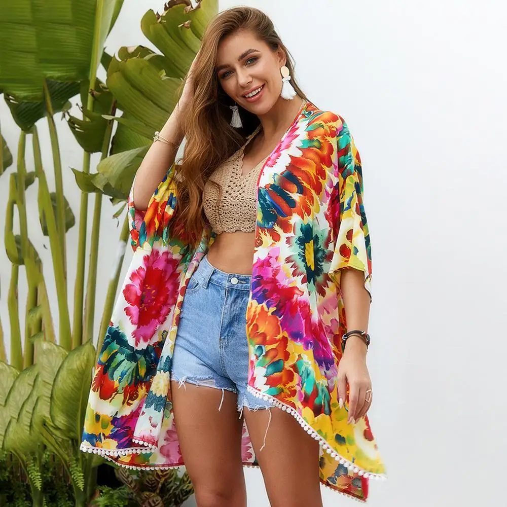 Plus Size Women Boho tops Floral 3/4 Sleeve Sun Protection Beach Summer slash neck Tops high quality new fashion |