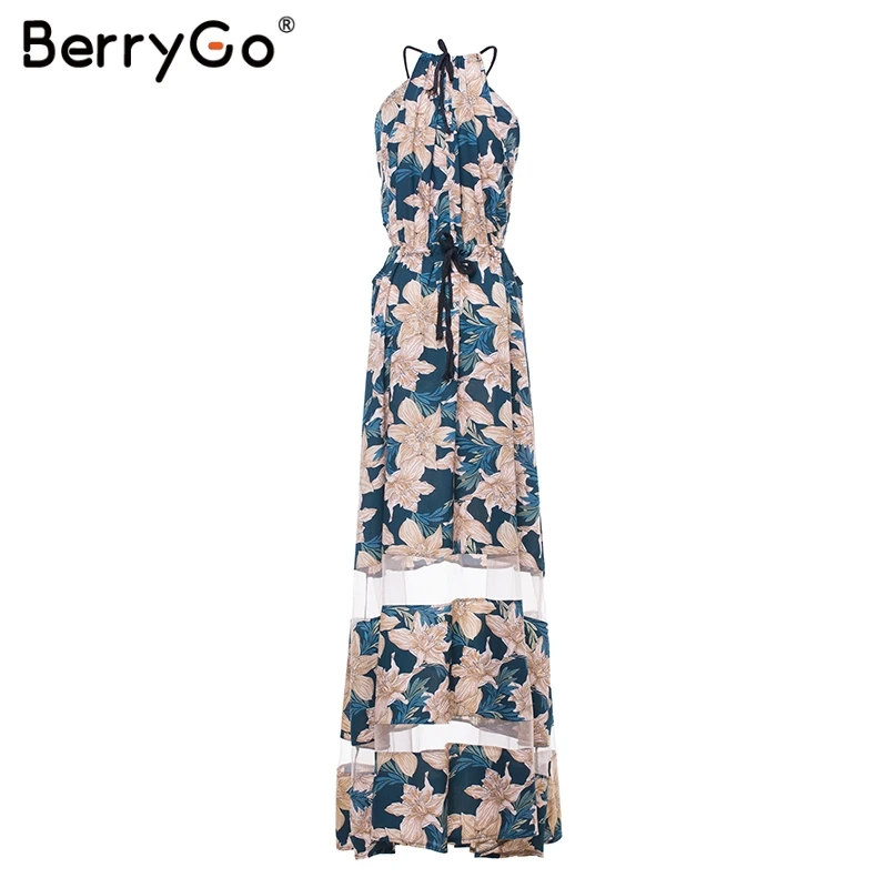 BerryGo women dresses Summer boho Stitching lace maxi dress Elegant floral print mesh long Sexy see through beach vestidos | Женская