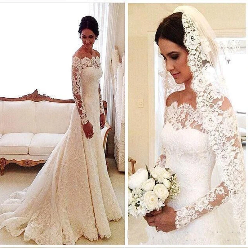 

2019 Cheap Vestido De Noiva Sexy Off The Shoulder Long Sleeves Lace Wedding Dress Mermmaid Bridal Marriage Dress