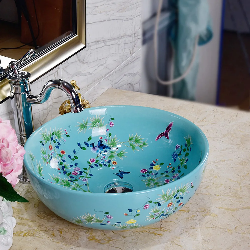 Домашний Умывальник для ванной комнаты Круглый умывальник с цветами и птицами