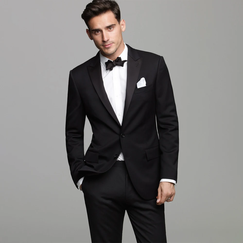 

Suit Custom Made to Measure Black Wedding Suits For Men Bespoke Tuxedo With Satin Peak Lapel, Tailor Made Groom Tuxedos For Men