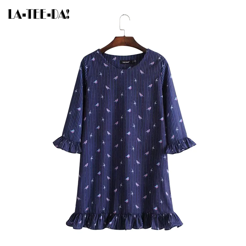 New Print Dress Women Birds Lady Fashion Patchwork Ruffles Female Butterfly Three Quarter Sleeves Knee Vestidos LTD119262 | Женская