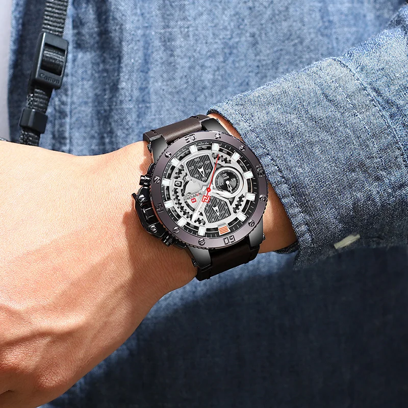 Мужские наручные часы NAVIFORCE роскошные коричневые кварцевые с хронографом Esportivo