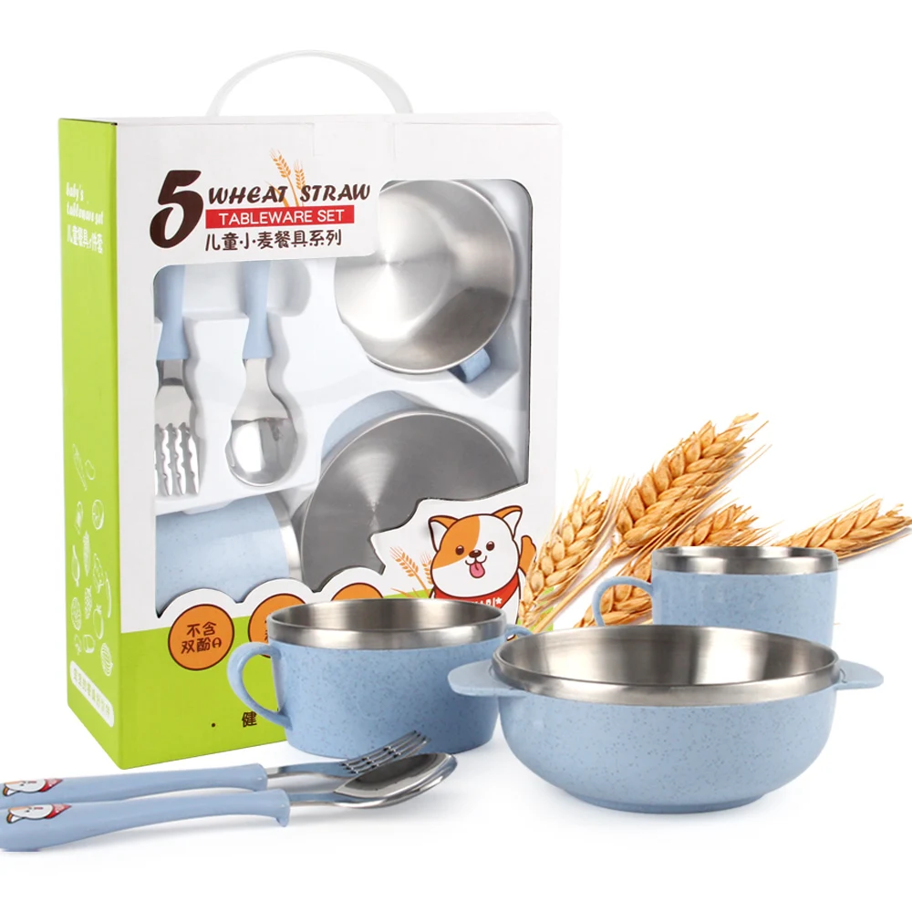 BIKABI коробка упакована 5 шт. Пшеничная солома+ S/S 304 сделано BPA Бесплатный Набор посуды для детей твердая Кормление детская посуда набор посуды